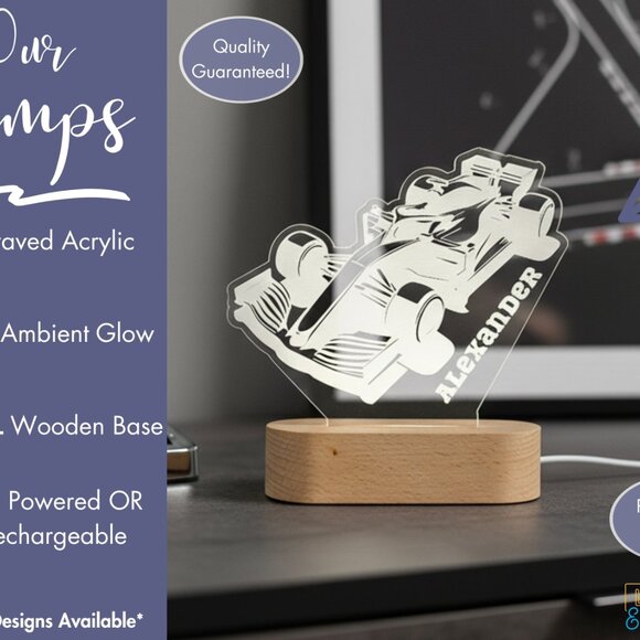 Personalized Racing Car Night Light – Custom LED Kids Lamp - Picture 3 of 8